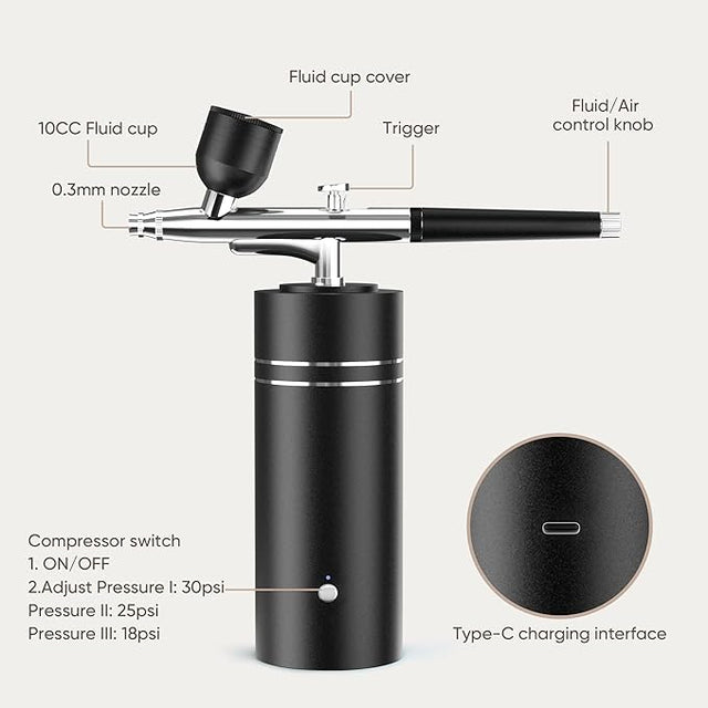 Airbrush with Compressor 30PSI Portable Airbrush Gun Rechargeable Handheld Cordless Air Brush for EYEBROWS, Makeup, Barber, (Black)