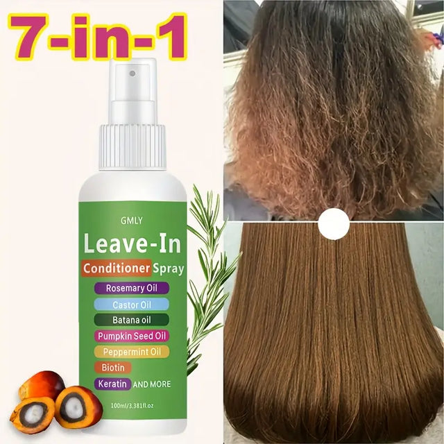 7-in-1 Keratin Leave-In Conditioner Spray – Enriched with Keratin, Biotin, Rosemary, Castor, Batana & Pumpkin Seed Oils, Peppermint, For All Hair Types, 3.38 fl oz