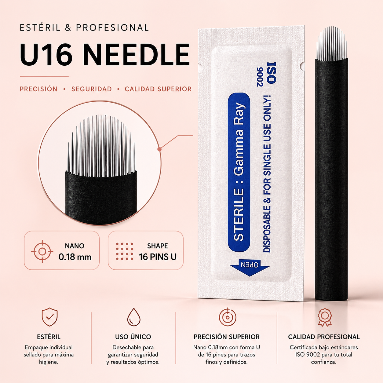 U16 Nano PMU Needles 0.15mm – 16 Pin U Shape | Precisión Ultra Fina para Microblading Profesional