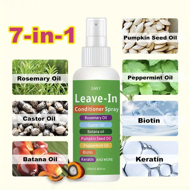 7-in-1 Keratin Leave-In Conditioner Spray – Enriched with Keratin, Biotin, Rosemary, Castor, Batana & Pumpkin Seed Oils, Peppermint, For All Hair Types, 3.38 fl oz
